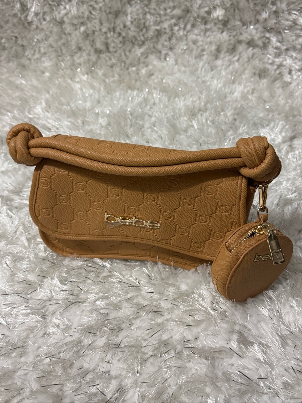 bebe Tan Monogram Shoulder Bag with Detachable Coin Pouch Gold Tone Hardware
